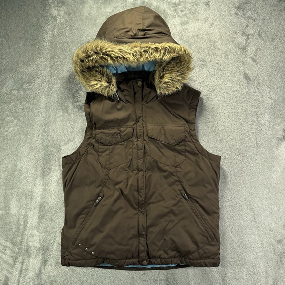 Columbia Down Puffer Vest Womens Large Brown Faux Fur Trim Hooded Pockets Hiking - Picture 1 of 12